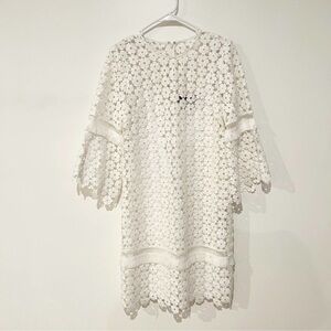 Lela Rose White Floral Cutout Allover Lace 3/4 Bell Sleeve Woven Dress Size 2